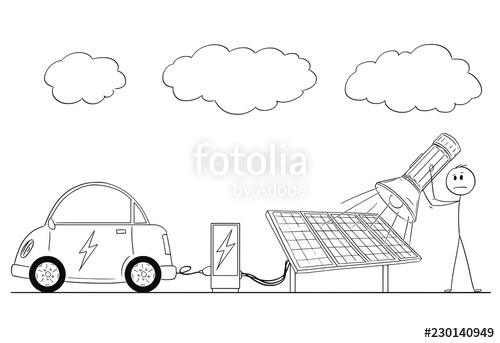 500x343 cartoon stick drawing conceptual illustration of man charging - Solar Power Drawing