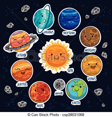 450x470 sticker set of solar system with cartoon planets set of stickers - Solar System Cartoon Drawing