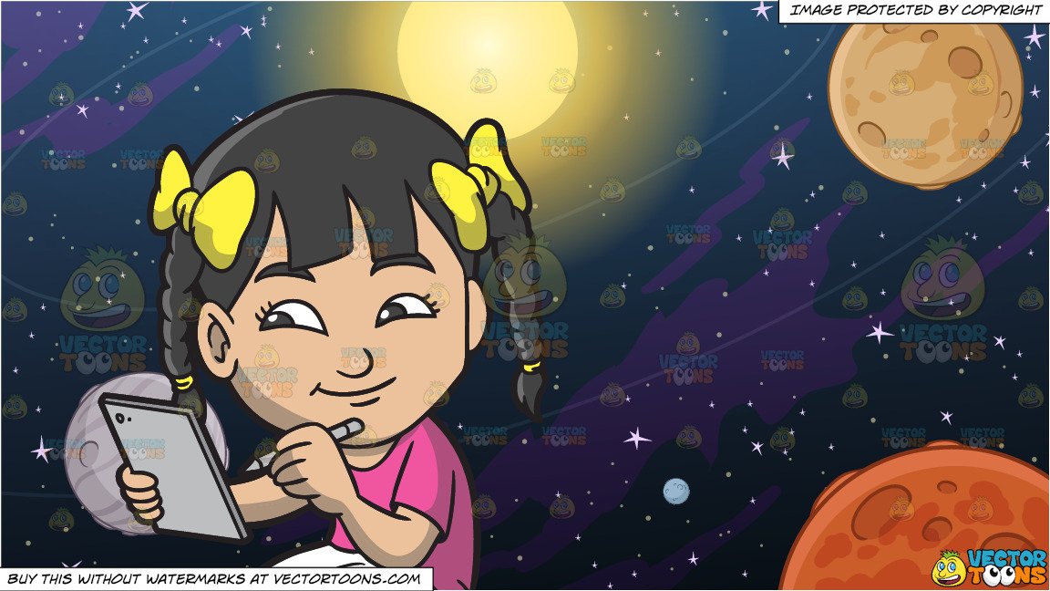 1152x648 An Asian Girl Drawing Something On Her Mobile Tablet And Solar - Solar System Cartoon Drawing