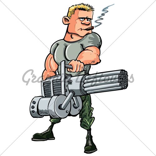 500x500 Cartoon Soldier With A Mini Gun Isolated On White Cartoon - Soldier Cartoon Drawing