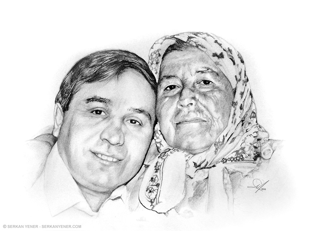 1000x746 pencil drawing of an old woman and her son - Son Drawing