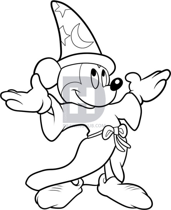 586x720 How To Draw Fantasia, Wizard Mickey, Step - Sorcerer Mickey Drawing