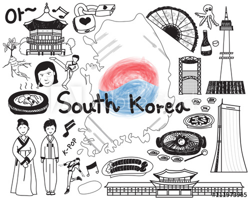 500x400 travel to south korea doodle drawing icon with culture, costume - South Korea Drawing
