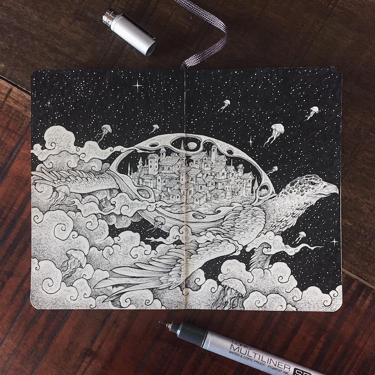 750x750 space art combines animal illustrations with cosmic patterns - Space Art Drawing