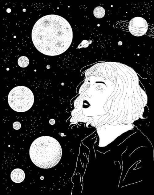 500x632 drawing art girl black and white my art grunge space galaxy stars - Space Art Drawing