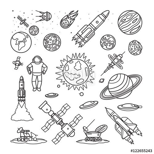 500x500 vecteur space doodle linear icons vector planets, rockets - Space Cartoon Drawing