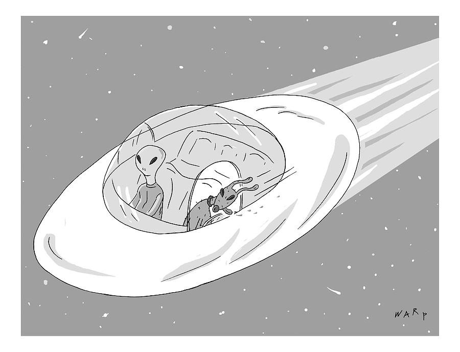 900x689 an alien cruises through space in a flying saucer drawing - Space Drawing