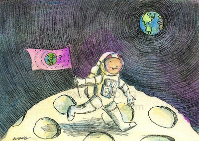 400x284 wong original aceo watercolor drawing painting moonwalker space - Space Drawing For Kid