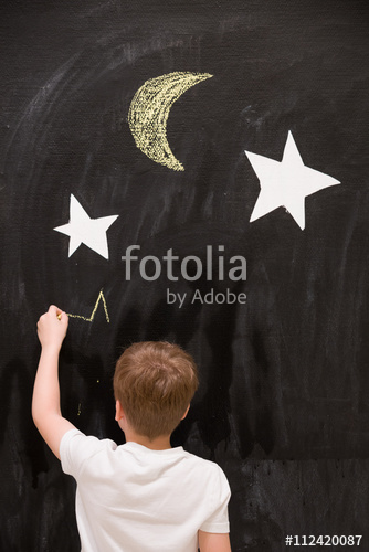 334x500 Back View On Cute Kid Boy Drawing Stars With Chalk On A Black - Space Drawing For Kid