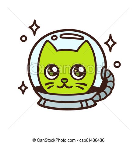 450x470 Cute Cartoon Space Cat Character Drawing Green Alien Kitty - Space Helmet Drawing