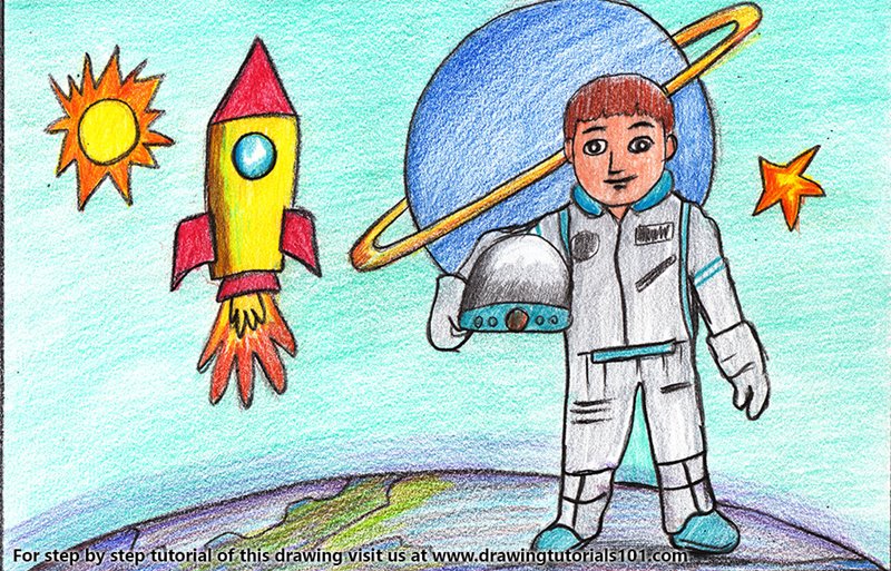 800x513 Astronaut In Space Scene Colored Pencils - Space Pencil Drawing