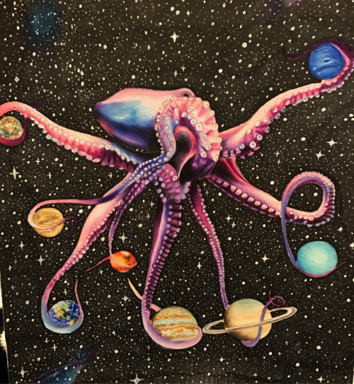 500x543 cosmic space octopus colored pencil drawing print - Space Pencil Drawing