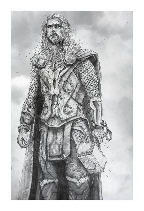 570x833 space god of viking thunder giclee print of a pencil drawing etsy - Space Pencil Drawing