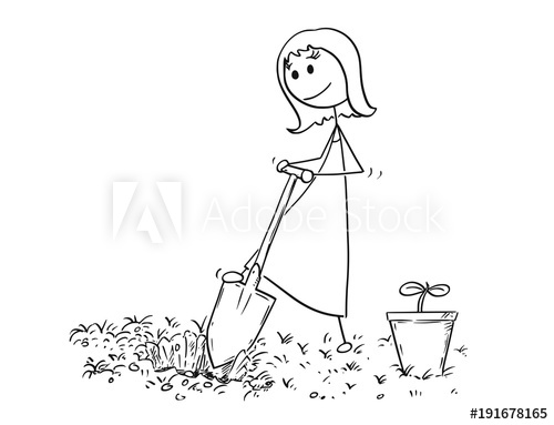 500x383 cartoon stick man drawing illustration of gardener on garden - Spade Drawing