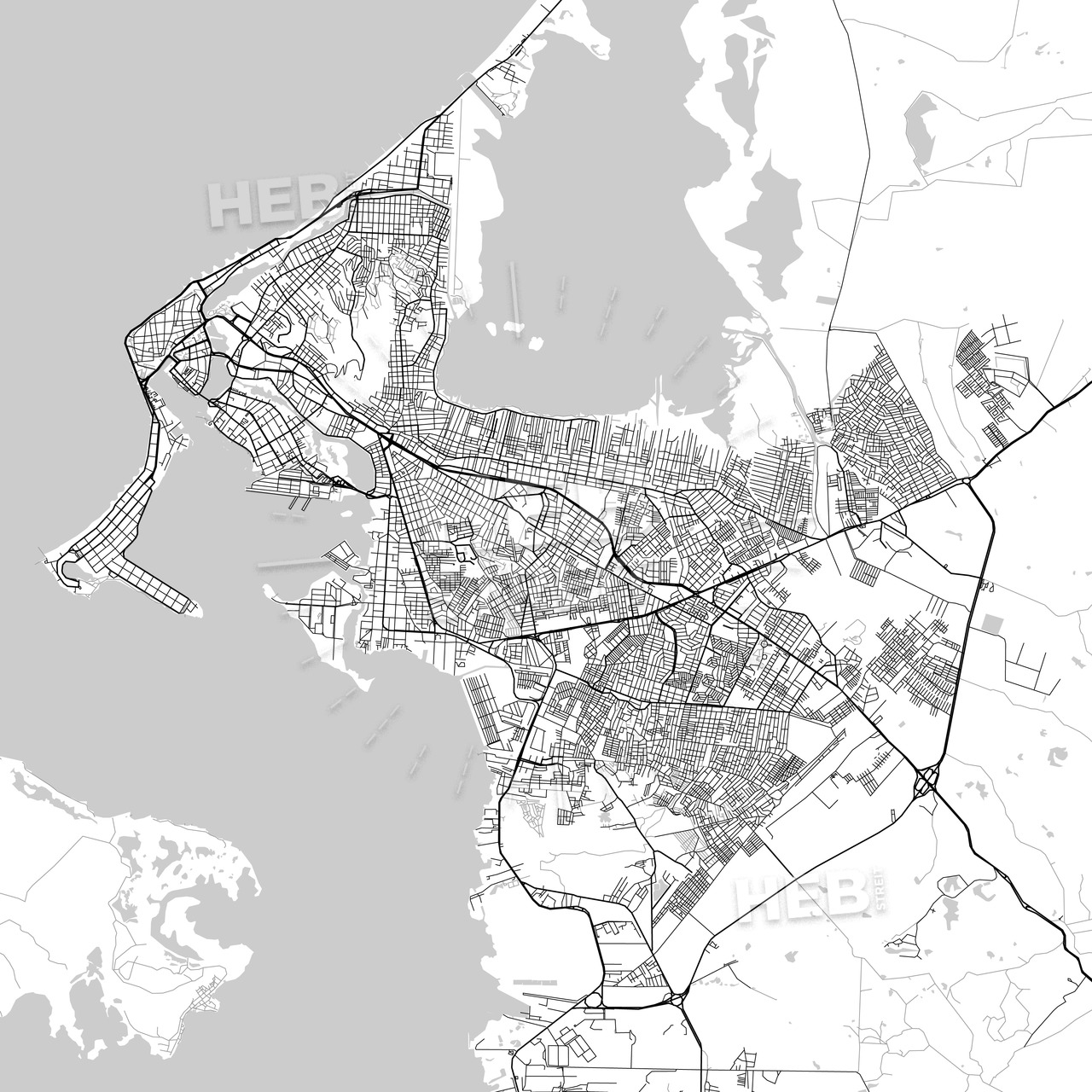 1280x1280 city map of cartagena, spain, light version hebstreits sketches - Spain Map Drawing