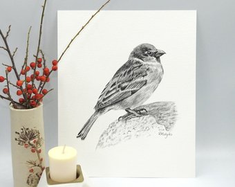 340x270 Sparrow Drawing Etsy - Sparrow Drawing
