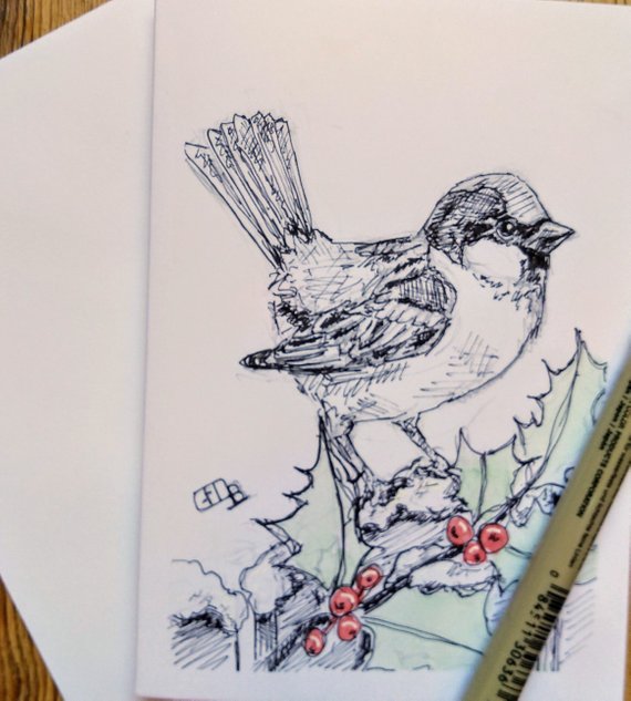 570x633 House Sparrow Christmas Card Original One Off Line Drawing Etsy - Sparrow Line Drawing