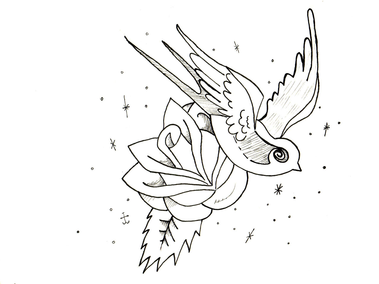 1280x960 Outline Roses And Flying Sparrow Tattoo Design - Sparrow Tattoo Drawing