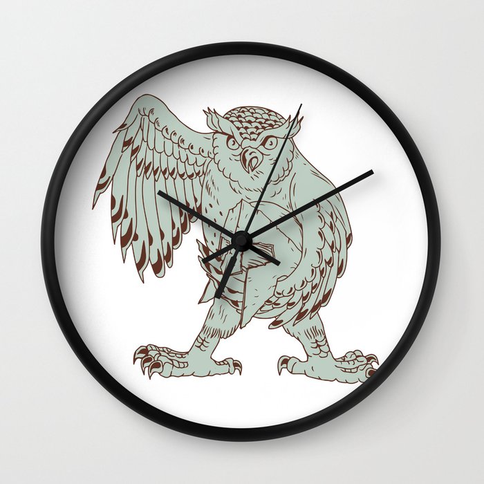 700x700 owl holding spartan helmet drawing wall clock - Spartan Helmet Drawing