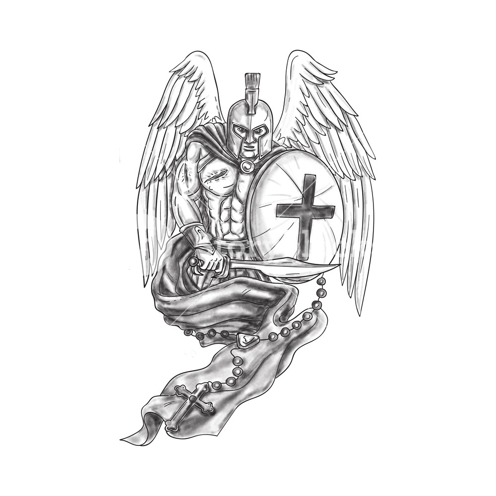 1000x1000 Tattoo Style Illustration Of A Wounded Spartan Warrior Angel - Spartan Shield Drawing