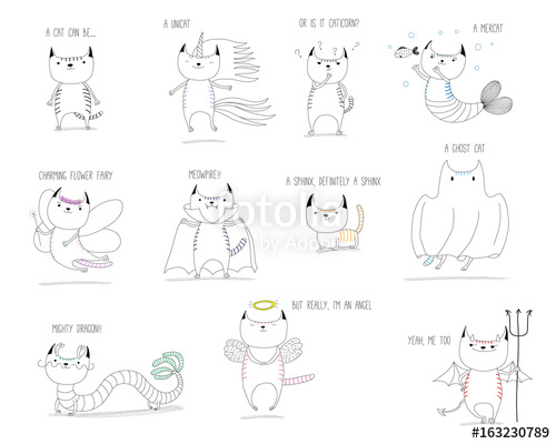 500x400 Hand Drawn Vector Doodles Of Cute Cats Mythical Creatures - Sphinx Mythical Creature Drawing