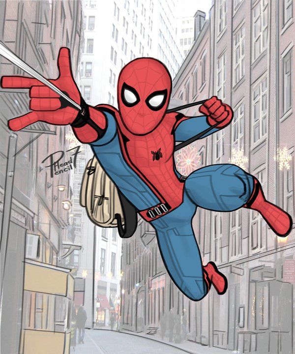 600x720 swinging to school - Spider Man Homecoming Drawing