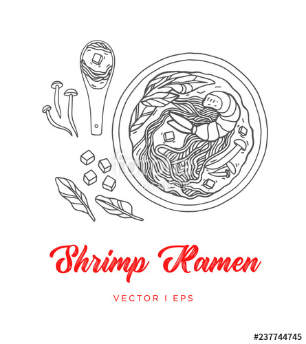 445x500 Hand Drawn Vector Shrimp Ramen Sketch, Made Of Mushroom, Tofu - Spinach Drawing