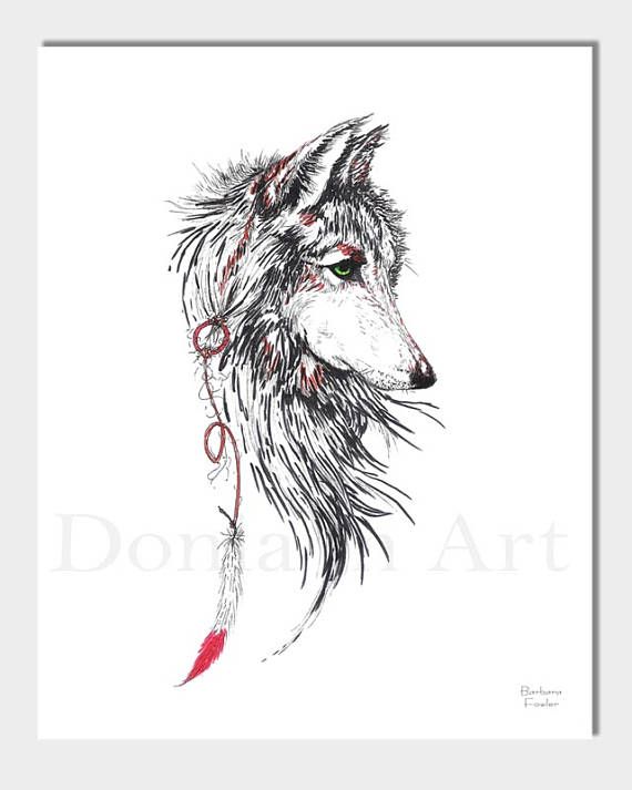 570x713 wolf art, spirit wolf, feather, red feather, wolf drawings, copic - Spirit Wolf Drawing