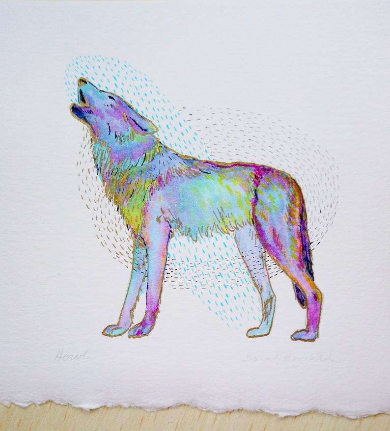 794x878 Howl Wolf Drawing Original Drawing Canid Coloured Pen Etsy - Spirit Wolf Drawing