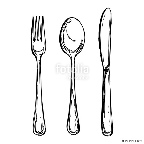 500x500 Spoon Fork And Knife Sketch Vector Illustration Stock Image - Spoon And Fork Drawing
