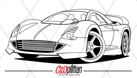 570x325 cartoon exotic sports car bampw outline vector etsy - Sports Car Drawing Outline