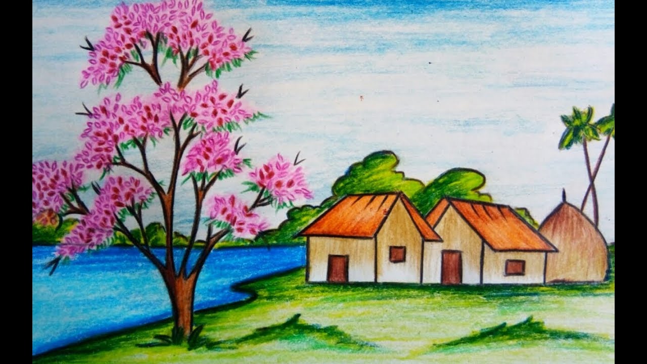1280x720 how to draw scenery of spring season step - Spring Drawing