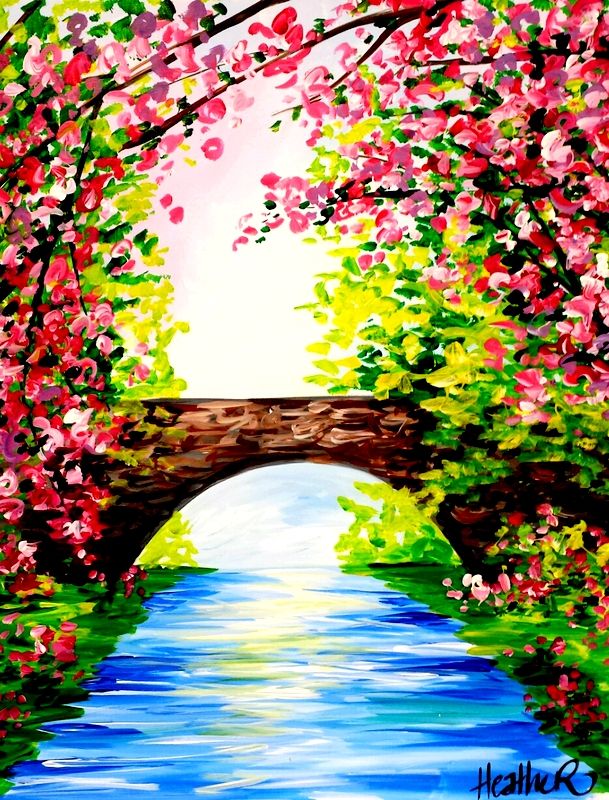 609x800 spring bridge paint n sip in painting, art, watercolor art - Spring Drawing