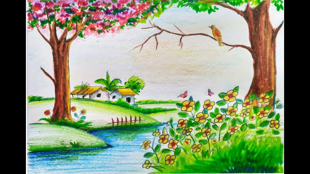 1280x720 how to draw scenery of beautiful spring season step - Spring Drawing