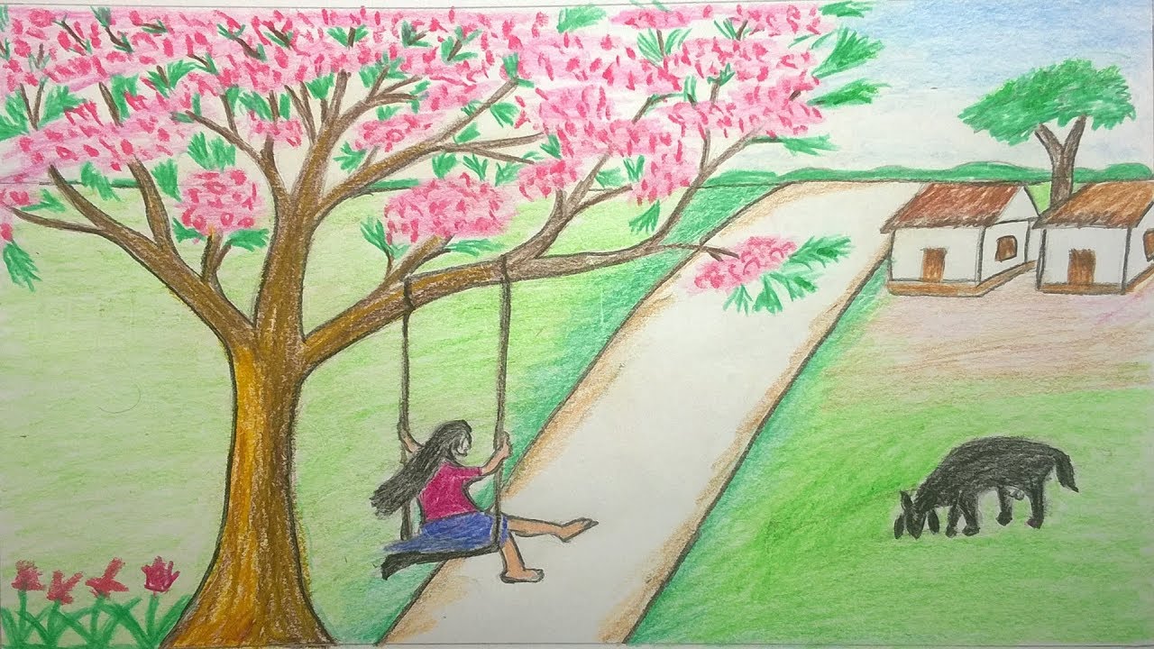 1280x720 how to draw spring season scenery step - Spring Drawing Pictures