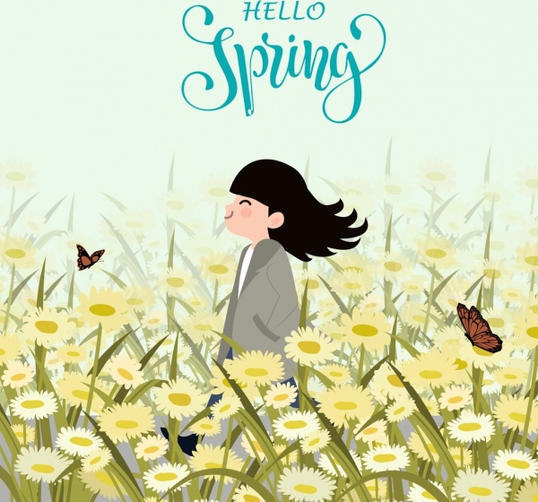 600x560 spring drawing girl flower field icons colored cartoon free vector - Spring Drawing Pictures
