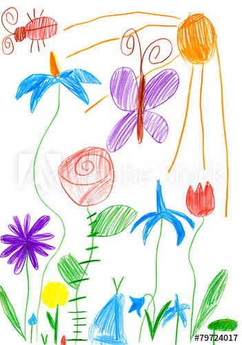 351x500 Spring Landscape With Butterfly And Flowers Child Drawing - Spring Landscape Drawing