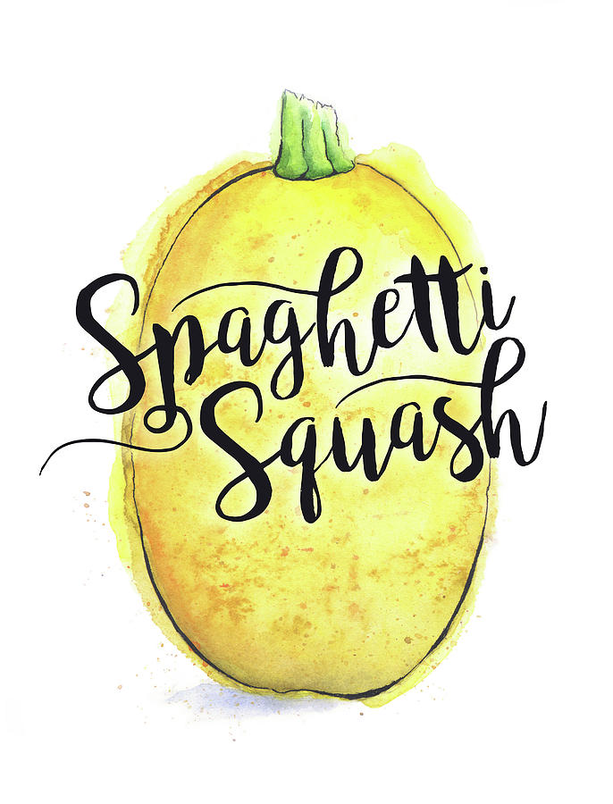 686x900 spaghetti squash watercolor painting with calligraphy painting - Squash Drawing