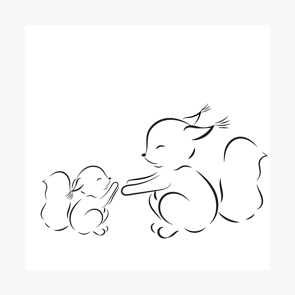 1000x1000 Outline Drawing Squirrels Mom And Baby Photographic Print - Squirrel Outline Drawing