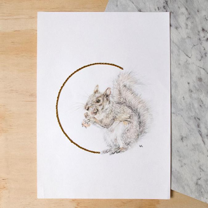 675x675 Woodland Squirrel Original Pencil Drawing With Hand Embroidery - Squirrel Pencil Drawing
