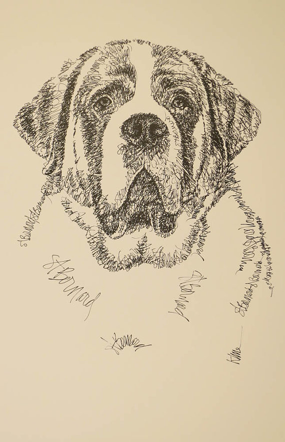 570x885 saint bernard dog art portrait drawing from words your dog's name - St Bernard Drawing