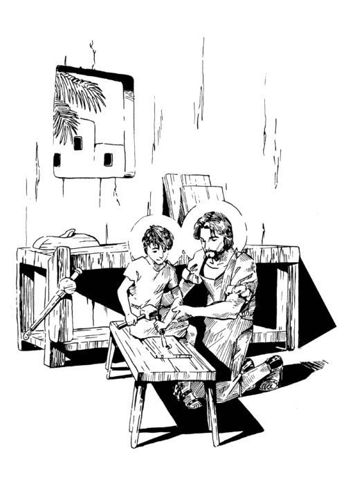 500x700 st joseph's wood shop original artwork catholic woodworker - St Joseph Drawing