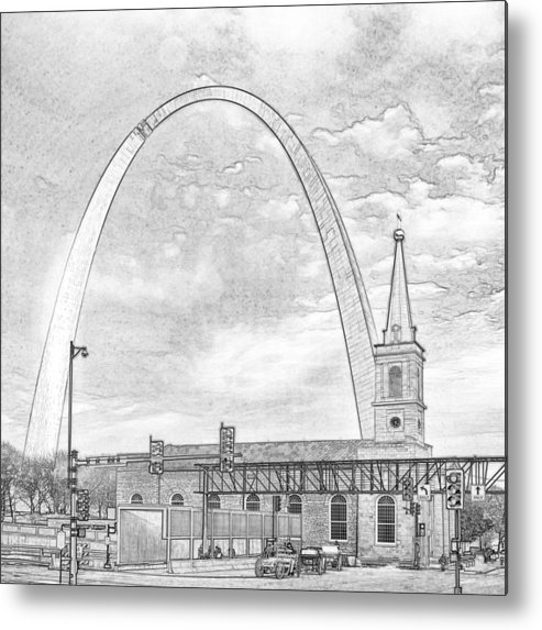 493x573 arch and old cathedral st louis mo line drawing metal - St Louis Arch Drawing