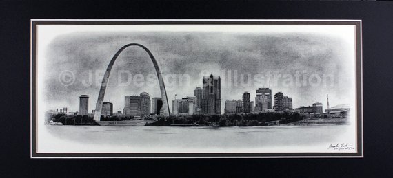 570x259 st louis skyline x matted pencil drawing etsy - St Louis Skyline Drawing