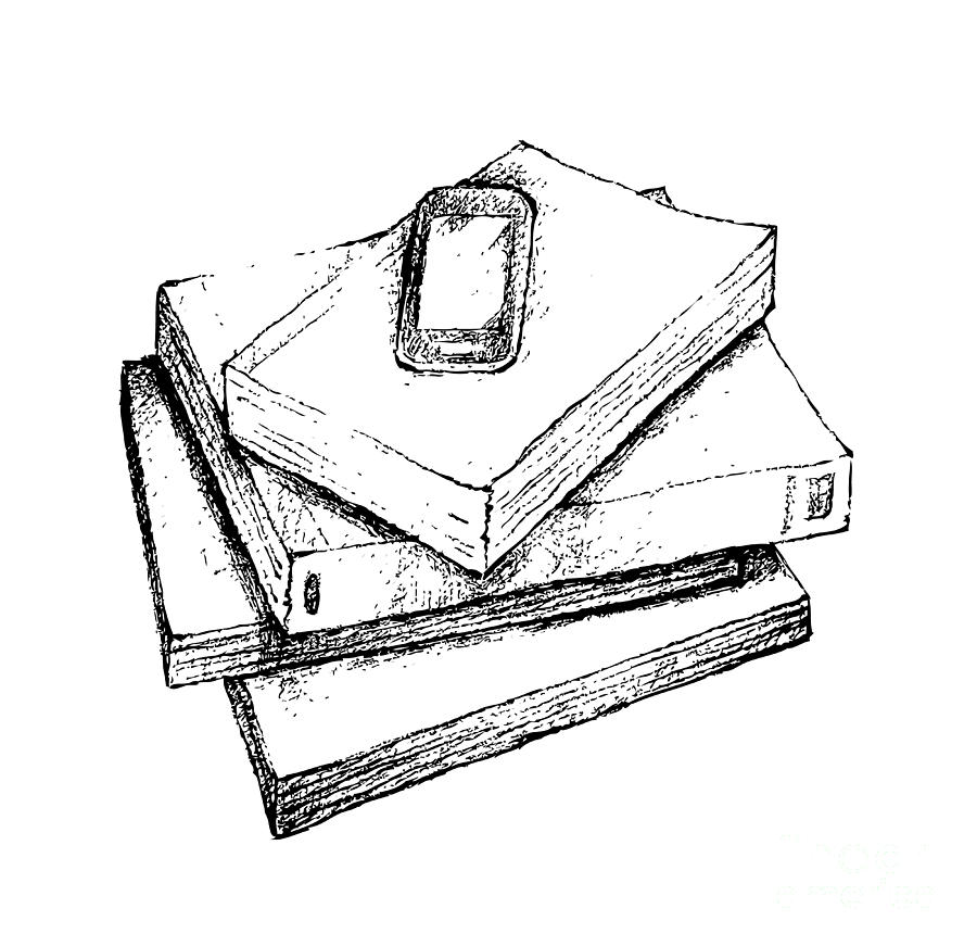 900x871 Hand Drawn Stack Of Books With Smart Phone Drawing - Stack Of Books Drawing