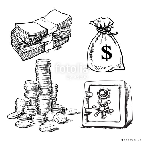 500x500 sketch of paper money, stack of coins, sack of dollars, bank safe - Stack Of Money Drawing