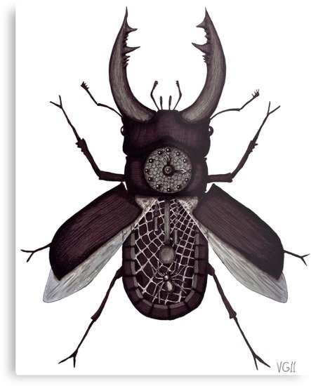 443x550 stag beetle clock surreal black and white pen ink drawing metal - Stag Beetle Drawing