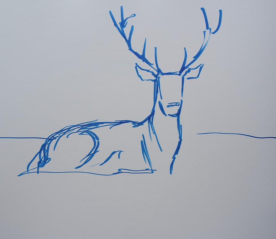 900x778 Stag With Antlers Lying Down Blue Line Drawing Drawing - Stag Line Drawing