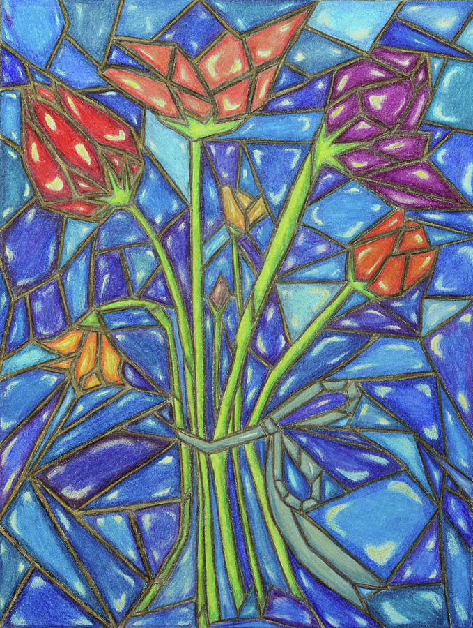 679x900 stained glass flowers with deep blue background drawing - Stained Glass Drawing
