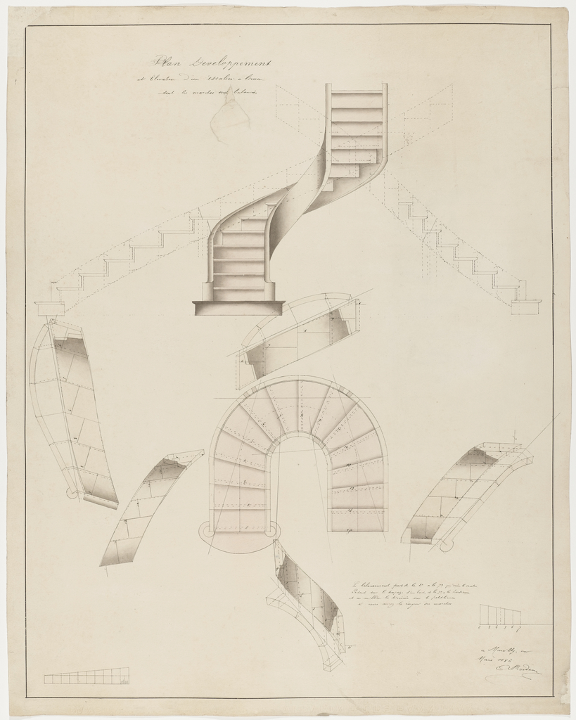819x1024 drawing, plan development and elevation for a spiral staircase - Staircase Section Drawing